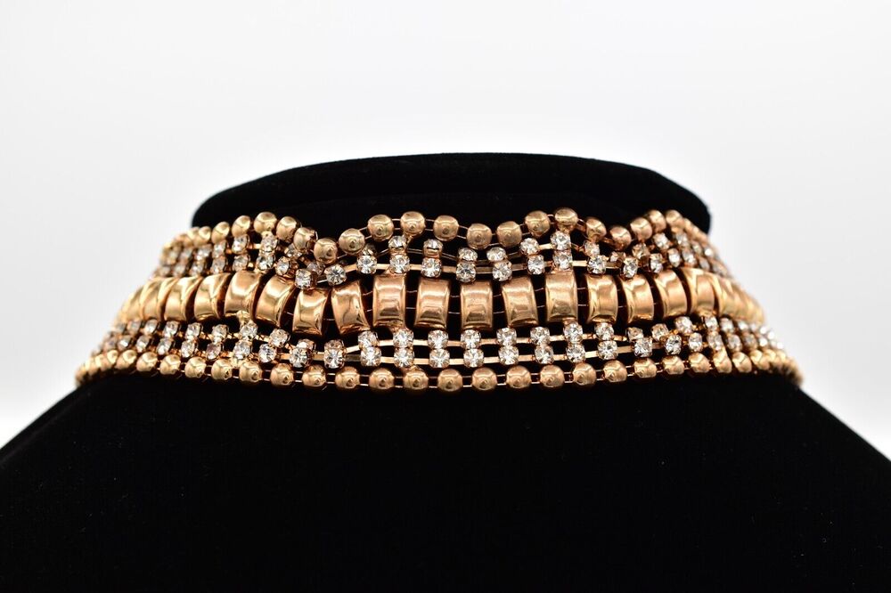 Vintage Crystal Choker Necklace Gold Tone Prong Rhinestone Chunky 1990s BinA17